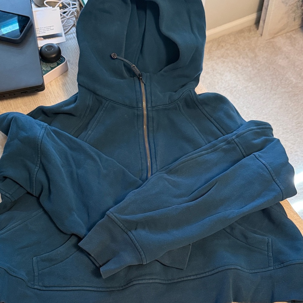 lululemon athletica Teal Hooded half-Zip Crew Sweatshirt hits at waist line